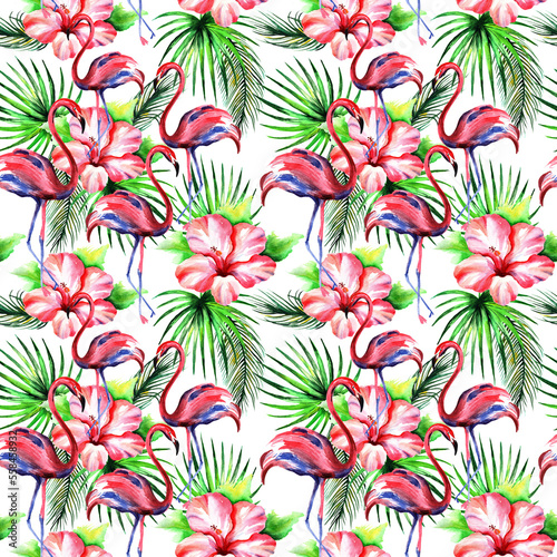 Watercolor flamingos and hibiscus flowers in a seamless pattern. Can be used as fabric, wallpaper, wrap.