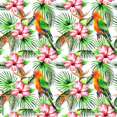  Watercolor parrots with hibiscus flowers and tropical leaves in a seamless pattern. Can be used as fabric, wallpaper, wrap. © Ulia
