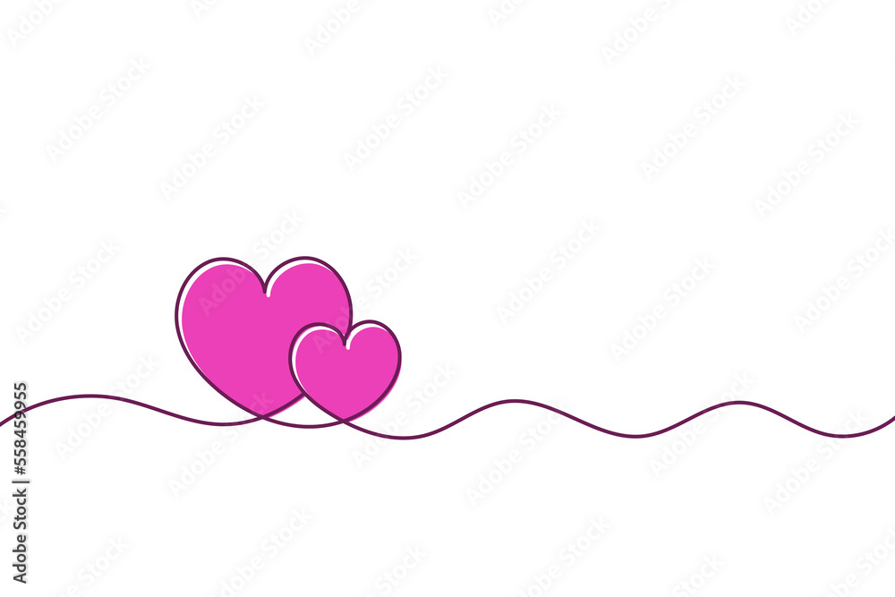 Line art with two cute pink hearts and a wavy line on a white background.