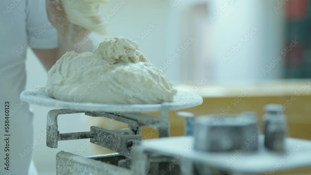 Chef Baker Weighs Out Of Pieces Of Dough. Traditional Bakery Chef Baker Weighs Out Of Pieces Of Dough. Traditional Bakery