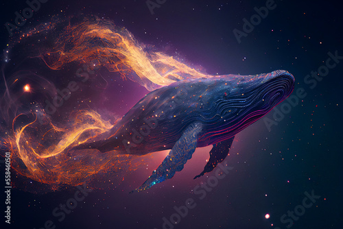 Fantasy humpback whale at universe with the sky full of stars and aurora. Beautiful volumetric lights and atmosphere.   Digitally generated AI image © 0livia