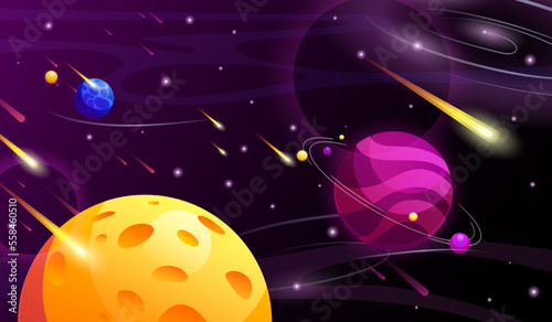 Space game background. Cartoon planets of fantasy universe