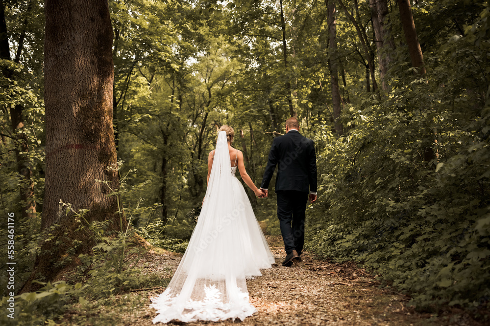 The bride and groom hold hands and look to the future in the middle of nature, the newlyweds walk together,wedding photography,until death do us part The bride and groom hold hands and look to the future in the middle of nature, the newlyweds walk together,wedding photography,until death do us part