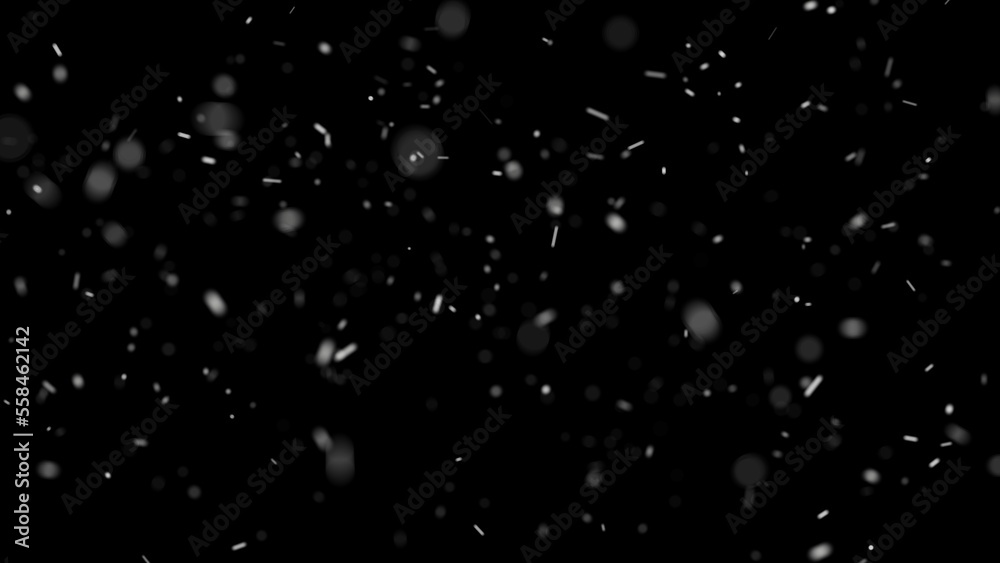 White snow overlay layer on black background, snowflakes bokeh and snowfall for Christmas and holiday design.