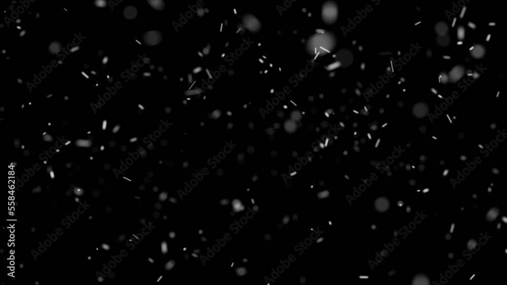 White snow overlay layer on black background, snowflakes bokeh and snowfall for Christmas and holiday design.