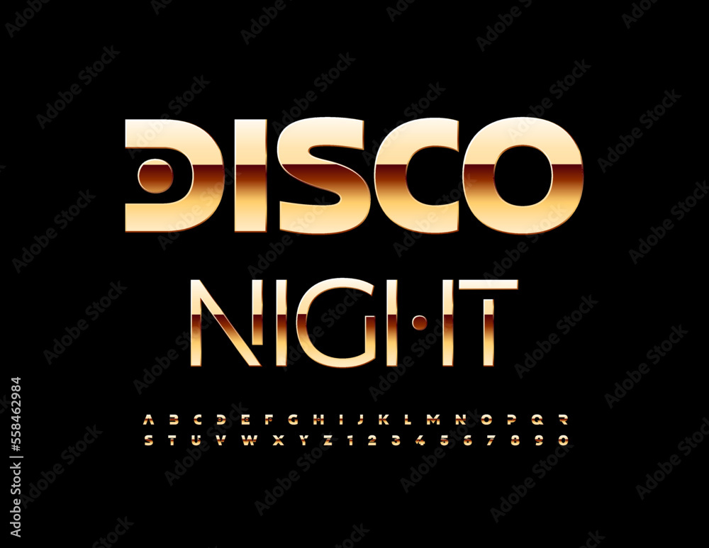 Vector creative poster Disco Night. Elite Golden Font. Chic modern Alphabet Letters and Numbers set. Vector creative poster Disco Night. Elite Golden Font. Chic modern Alphabet Letters and Numbers set.