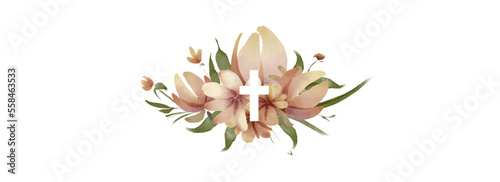 Vector Watercolor Easter cross clipart. Floral crosses illustration, borderline, banner 	
