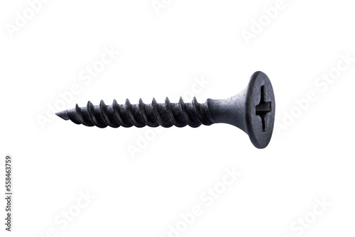 Single new metal black screw isolated on a transparent background in close-up.