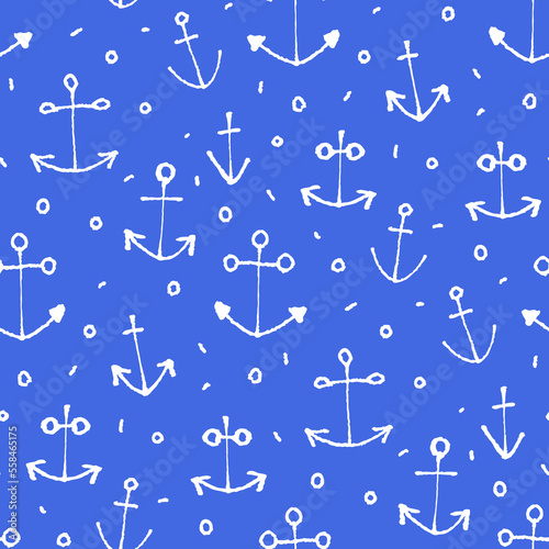 Small different white ink ship anchors isolated on blue background. Cute monochrome marine seamless pattern. Vector simple flat graphic hand drawn illustration. Texture.