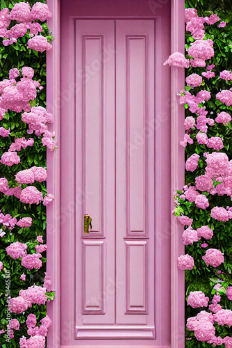 Beautiful door, stone wall in flowers.