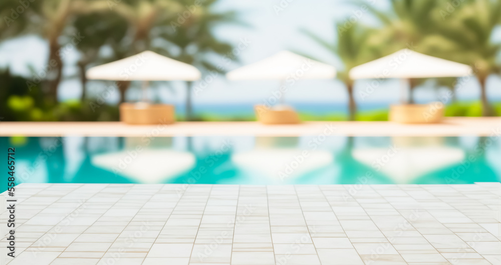 Empty ceramic mosaic table top and blurred swimming pool in tropical resort in summer banner background, for display or montage your products	