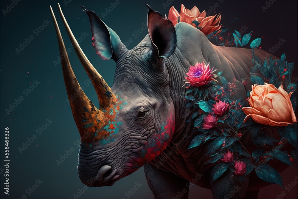 a painting of a rhino with flowers on it's head and a rose on its back