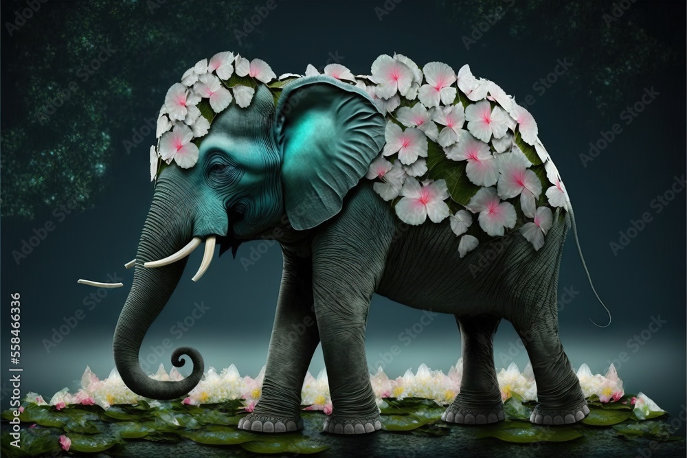 a painting of an elephant with flowers on it's head and tusks on its ...