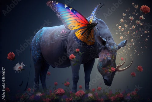  a painting of a rhino with a butterfly on its head and flowers around its neck, and a butterfly on its back, standing in a field of flowers, with a dark background,. Generative AI photo