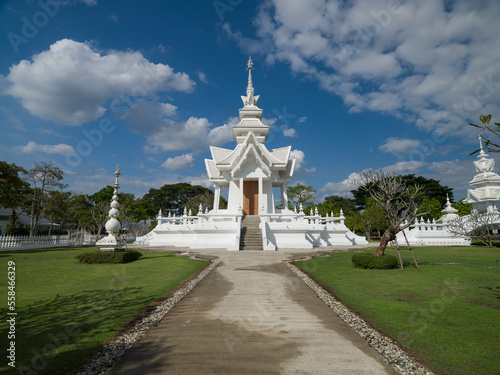Wat Rong Khun or White Temple complex structures. Temples and detail architectures. It is the most important travel destination in Chiang Rai province. Northern Thailand