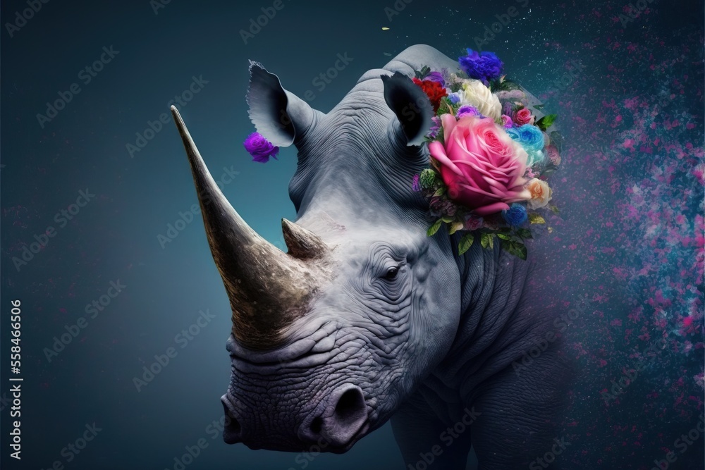 a rhino with a flower crown on it's head and a pink rose on its head,