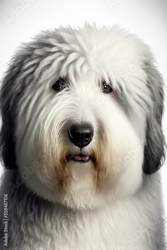  a dog with a long haircut sitting down with a black background and a white background behind it, with a black border around the edges of the image and a light brown Generative AI photo