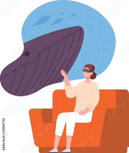 Woman in vr glasses sitting on couch. Underwater virtual reality