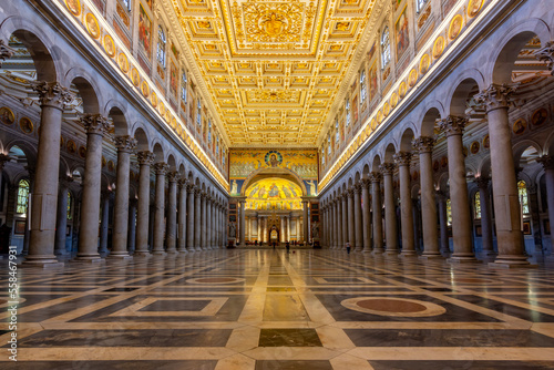 Interiors of Basilica of Saint Paul outside the Walls in Rome, Italy