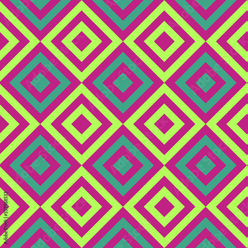 Geometrical Diamond pattern in retro colors, seamless background. For fashion textile, cloth, backgrounds in green and pink. 