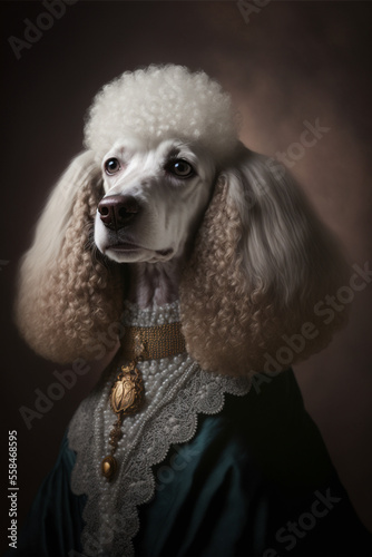An elegantly dressed dog in 18th century attire posing in a formal portrait
