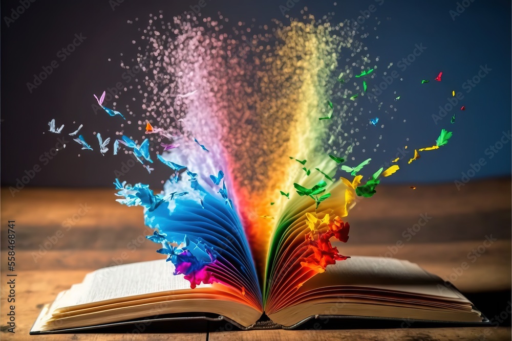 an open book with a rainbow of colored dust coming out of it on a ...