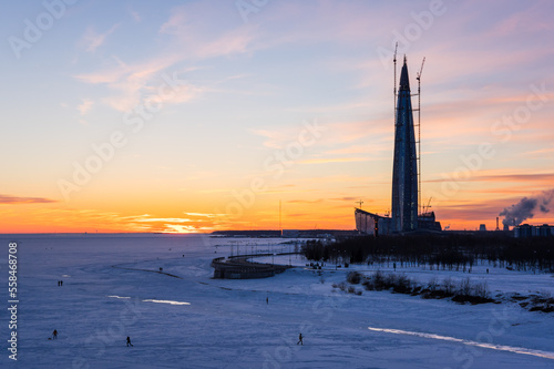 Panoramic view of Lakhta Center and the Finnish Gulf