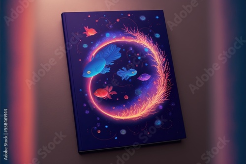  a picture of a book with a picture of a bird and a fish in a circle of fire and water on it, on a purple background with a red and blue hued out. Generative AI photo