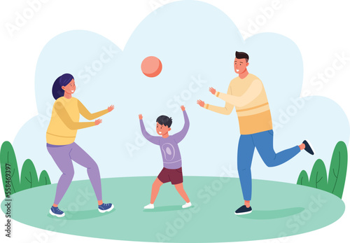 Parents playing ball with kid in summer outdoor scene