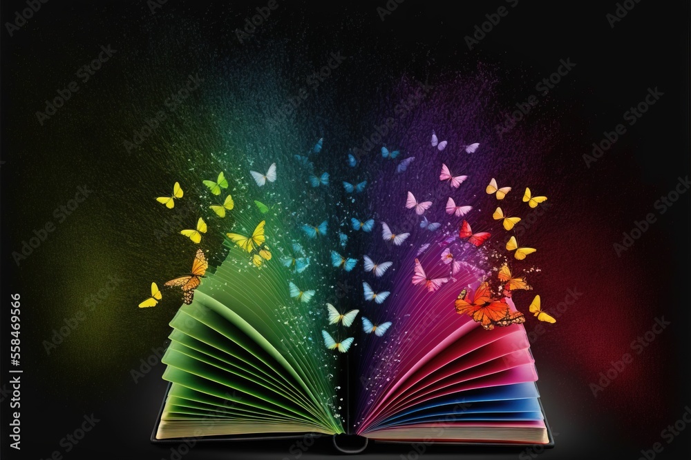 an open book with butterflies coming out of it on a black background ...