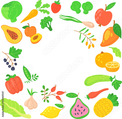 Fototapeta Naklejka Na Ścianę i Meble -  Fresh organic green food round frame. Fruits and vegetables circle