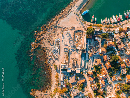 Aerial view of Side. It is small resort town in Turkey. Ancient Side town, Antalya Province, Turkey photo