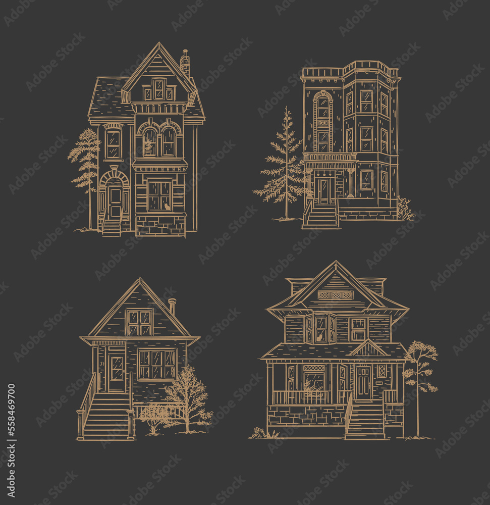 Victorian houses drawing in old fashioned vintage style on brown background.