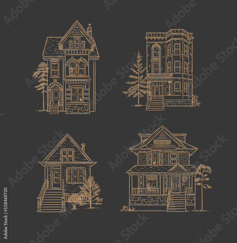 Obraz na płótnie Victorian houses drawing in old fashioned vintage style on brown background. w salonie