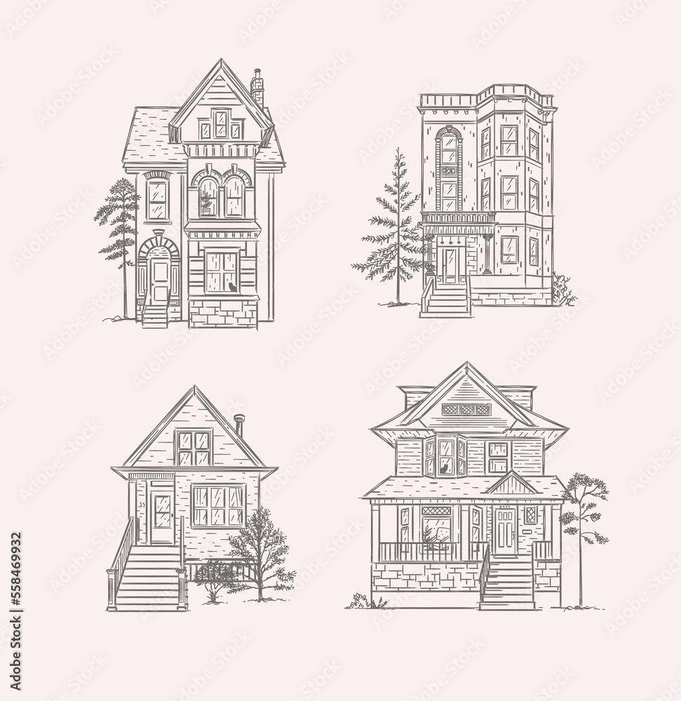 Victorian houses drawing in old fashioned vintage style on light background.