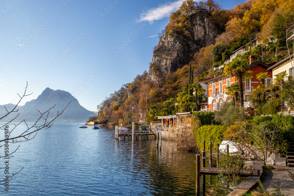 View from olive trail (in suburb of Lugano) on lake and   Monte San Salvatore mount and mount Monte Bre
