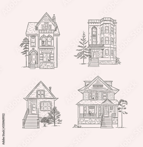 Victorian houses drawing in old fashioned vintage style on light background.
