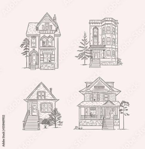 Obraz na płótnie Victorian houses drawing in old fashioned vintage style on light background. w salonie