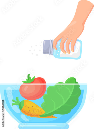 Salad seasoning icon. Hand shaking salt in bowl