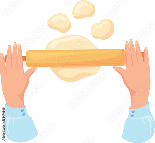 Dough rolling with wooden pin. Baking preparation icon