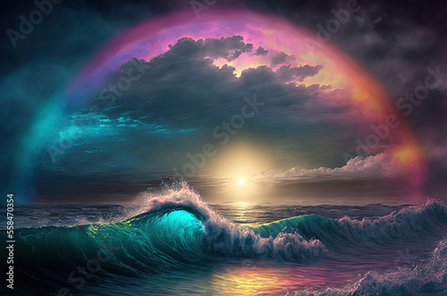 rainbow over the sea. Generative AI picture.