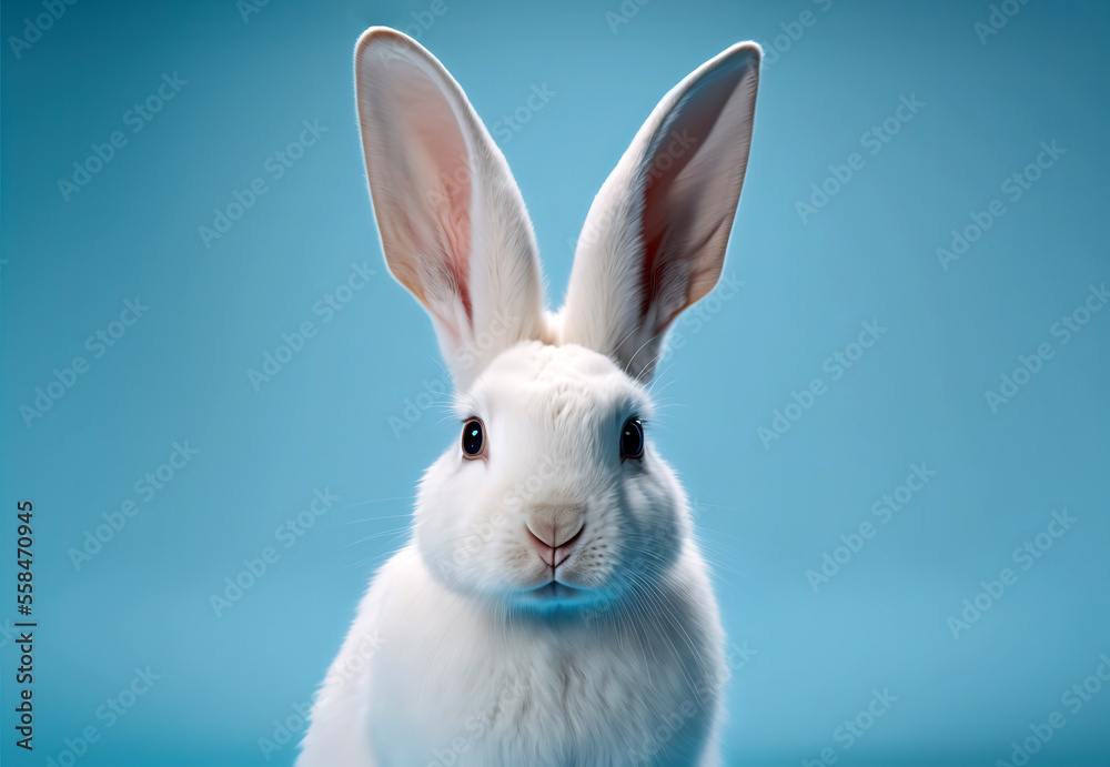 Front view portrait of white cute baby rabbit standing on blue background. Lovely action of young rabbit. Generative AI