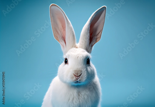 Front view portrait of white cute baby rabbit standing on blue background. Lovely action of young rabbit. Generative AI © Yulia
