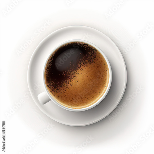 Top view of hot cup of coffee isolated on white background