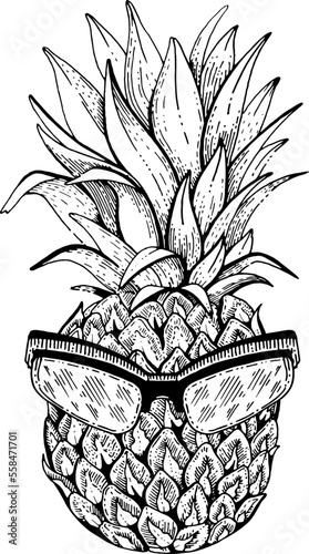 Pineapple in sunglasses. Sketch vector summer fruit in glasses. Cool tropical illustration of funny pineapple in sunglasses. Cartoon art icon. Sunny food logo. Funny party beach design. T-shirt print