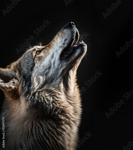 gray wild wolf profile portrait heading up howling at night isolated on black background with copyspace area