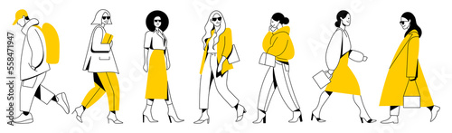 vector set. group of different minimalistic linear people with bright yellow accents in trendy flat design style. useful for web, graphic design, print, mobile applications, flyers, brochures, banners