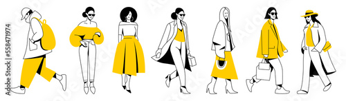 vector set. group of different minimalistic linear people with bright yellow accents in trendy flat design style. useful for web, graphic design, print, mobile applications, flyers, brochures, banners