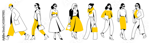 vector set. group of different minimalistic linear people with bright yellow accents in trendy flat design style. useful for web, graphic design, print, mobile applications, flyers, brochures, banners