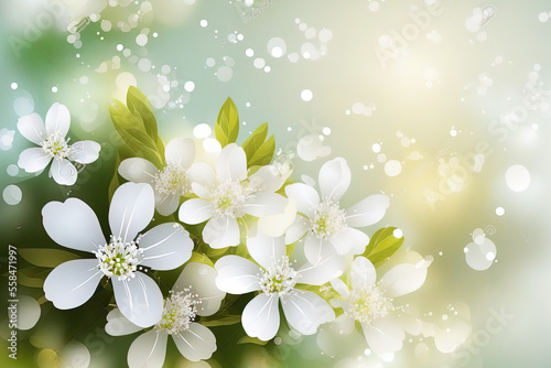 Abstract nature background with white flowers and multicolored bokeh. Generative AI